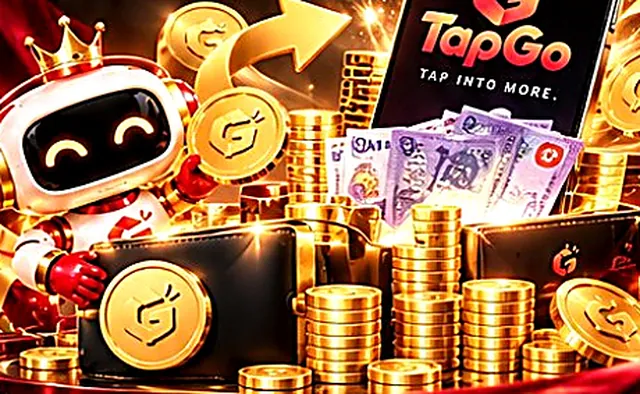 Phone showing the TapGo app beside gold coins