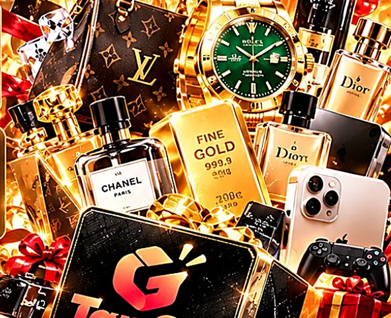 Illustration of premium prize types such as designer bags, watches and gold bars
