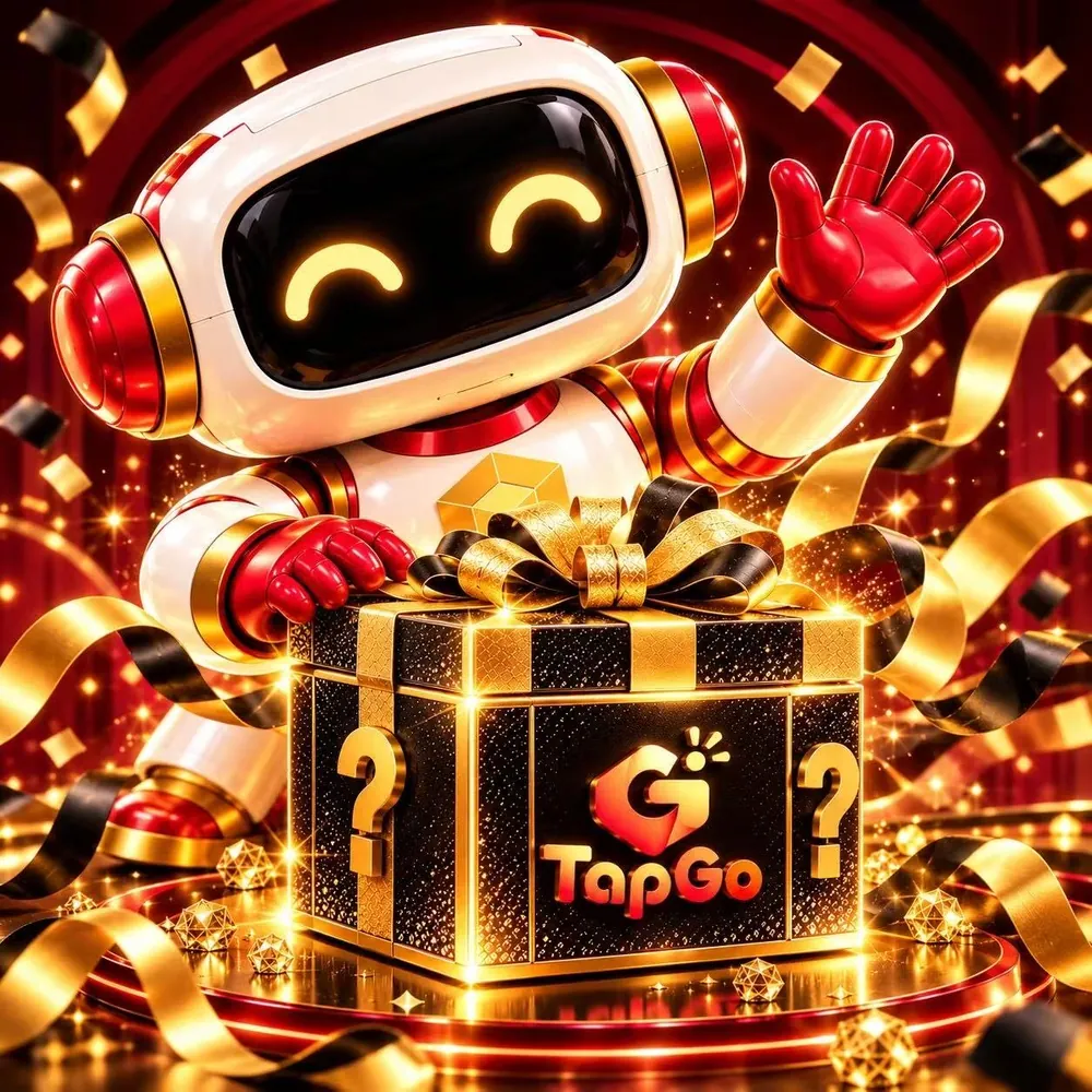 The TapGo mascot, a white-and-red robot waving beside a mystery box